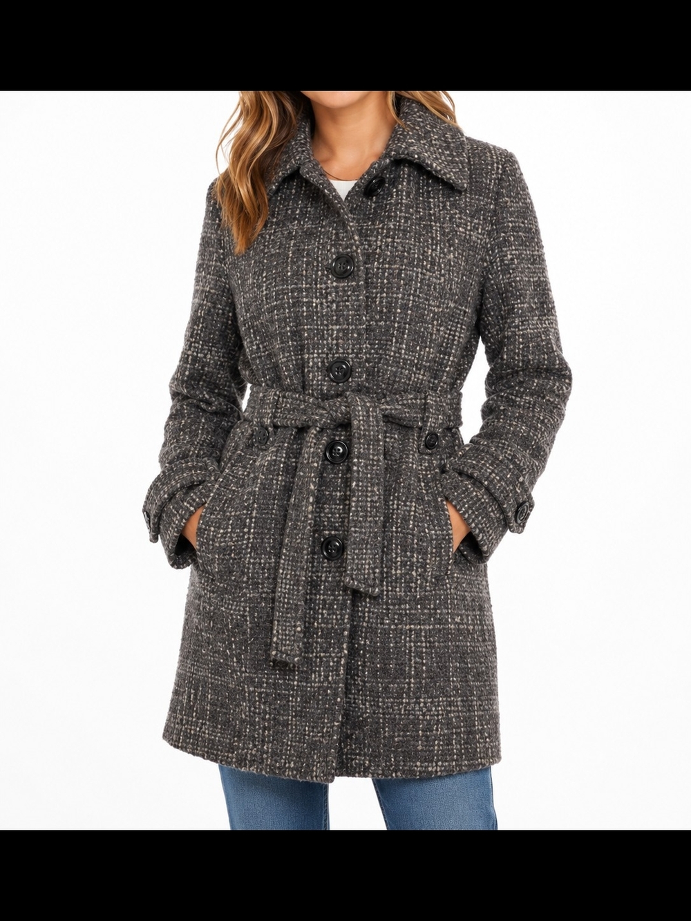 Gray Tweed Belted Trench Coat